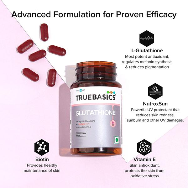 glutathione for sunburn Truebasics with Nutroxsun, Biotin and Vitamin E, Healthy And Youthful Skin, Clinically Researched Ingredients, 30 Glutathione Tablets NIACINAMIDE