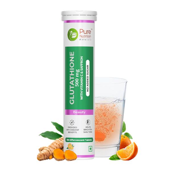 Pure Nutrition Glutathione 500 mg with Vitamin C & Saffron Effervescent Tablet - Orange 15's Online at Best Price
